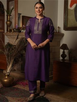 ARAMYA - Women Purple Silk Blend Embroidered Kurta with Pant