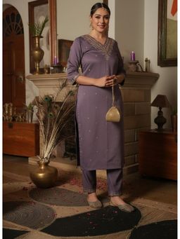 ARAMYA - Women Purple Poly Silk Embroidered Kurta with Pant