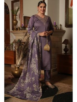 ARAMYA - Women Purple Poly Silk Embroidered Kurta with Pant and Dupatta