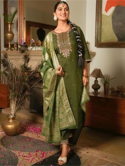ARAMYA - Women Green Chanderi Embroidered Kurta with Pant and Dupatta