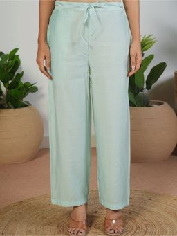 ARAMYA - Women Blue Roman Silk Solid Palazzo