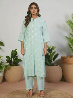 ARAMYA - Women Blue Silk Blend Floral Kurta with Pant