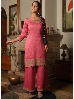 ARAMYA - Women Coral Poly Silk Embroidered Kurta with Palazzo