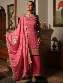 ARAMYA - Women Coral Poly Silk Embroidered Kurta with Palazzo and Dupatta