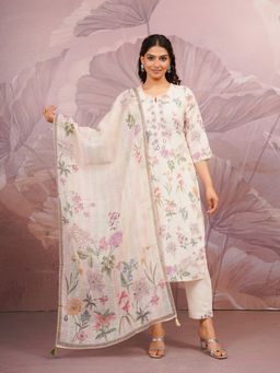 ARAMYA - Women Beige Pure Cotton Floral Kurta with Pant and Dupatta