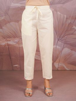 ARAMYA - Women Beige Linen Cotton Solid Pant