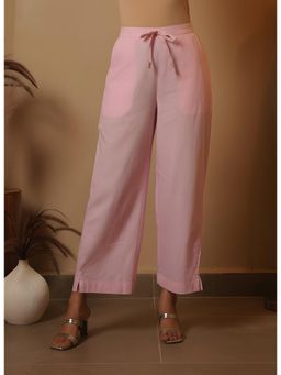 ARAMYA - Women Baby Pink Linen Cotton Solid Palazzo