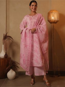 ARAMYA - Women Pink Pure Cotton Floral Kurta with Pant and Dupatta