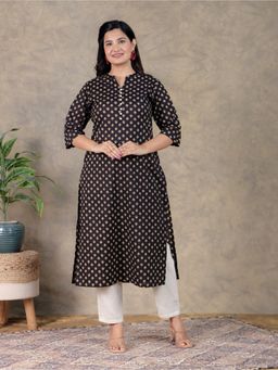 ARAMYA - Women Black Pure Cotton Abstract Kurta with Pant