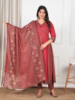 ARAMYA - Women Red Pure Cotton Abstract Kurta with Pant and Dupatta