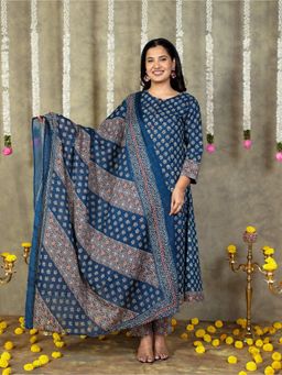 ARAMYA - Women Navy Blue Pure Cotton Abstract Kurta with Pant and Dupatta