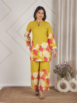 ARAMYA - Women Yellow Pure Cotton Floral Kurta with Palazzo