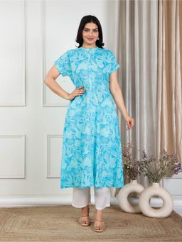 ARAMYA - Women Blue Pure Cotton Floral Kurta with Pant