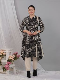 ARAMYA - Women Black Pure Cotton Geometric Kurta with Pant
