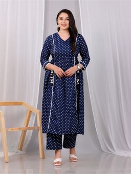 ARAMYA - Women Blue Pure Cotton Geometric Kurta with Pant