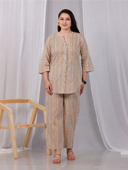 ARAMYA - Women Beige Pure Cotton Stripes Kurta with Pant