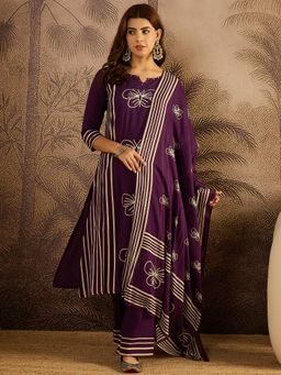 Vastramyaa - Purple Boat Neck Printed Kurta with Pant with Dupatta