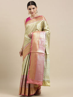 Banarasi Silk Works - Green Kanchi Silk Jamdani Tissue Paithani Saree with Unstitched Blouse