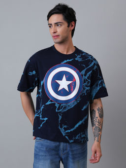 Free Authority - Men Marvel Comics Captain America Graphic Cotton Navy Blue T-shirt