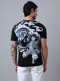 Free Authority - Men Monkey D. Luffy Anime Printed Cotton Black Relaxed Fit T-Shirt