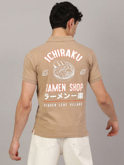 Free Authority - Men Official Naruto Anime Printed Pure Cotton Beige Polo T-Shirt