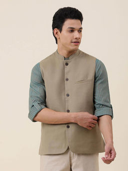 Fabindia - Beige Cotton Blend Slim Fit Nehru Jacket