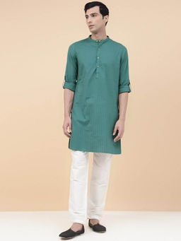 Fabindia - Teal Viscose Blend Striped Slim Fit Long Kurta