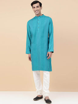 Fabindia - Turquoise Viscose Silk Woven Long Kurta