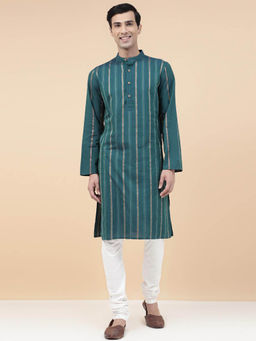 Fabindia - Teal Cotton Dobby Slim Fit Long Kurta
