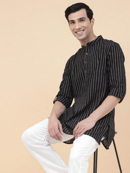 Fabindia - Black Cotton Striped Short Kurta