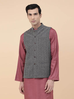 Fabindia - Grey Wool Blend Printed Nehru Jacket