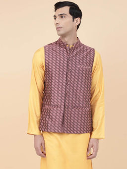 Fabindia - Wine Cotton Silk Blend Printed Nehru Jacket