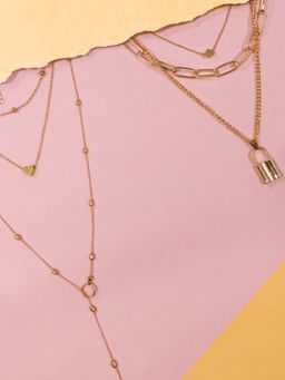 OOMPH - Gold Tone Link Chain Heart & Lock Multi Layer Necklace (Combo of 2)