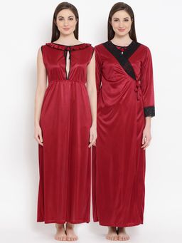Clovia - Long Night Dress & Full Sleeves Robe In Maroon Satin (Set of 2)