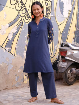 Okhai - Tangerine Suf Embroidered Pure Cotton Blue Kurta with Pant (Set of 2)