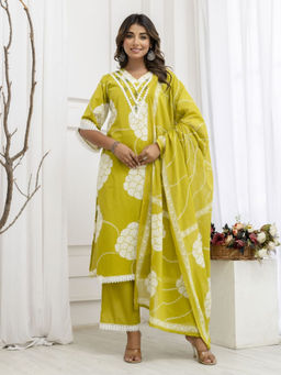 Sindh Fashion - Green Semi Cotton Embroidered Kurta with Palazzo and Dupatta (Set of 3)