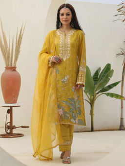 Sindh Fashion - Yellow Tissue Floral Embroidered Kurta with Pant and Dupatta (Set of 3)