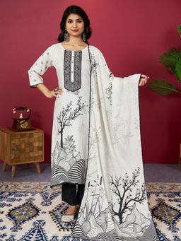 Sindh Fashion - Off White Semi Cotton Embroidered Kurta with Pant and Dupatta (Set of 3)