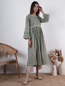 PINKSKY - Womens Green Anarkali Kurta with Pant (Set of 2)