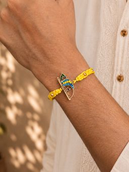 BeAbhika - Yellow Krishna Face Beaded Designer Thread Rakhi with Roli Chawal Capsules