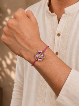 BeAbhika - Pink Geometric Beaded Designer Thread Rakhi with Roli Chawal Capsules
