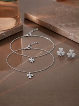 LuxeVogue - Clover Sparkle Silver Set - 925 Sterling Silver Clover Earrings and Anklet Pair