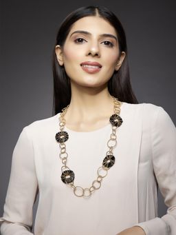 Rhea - Perla Black Glass Gold Rings Long Necklace