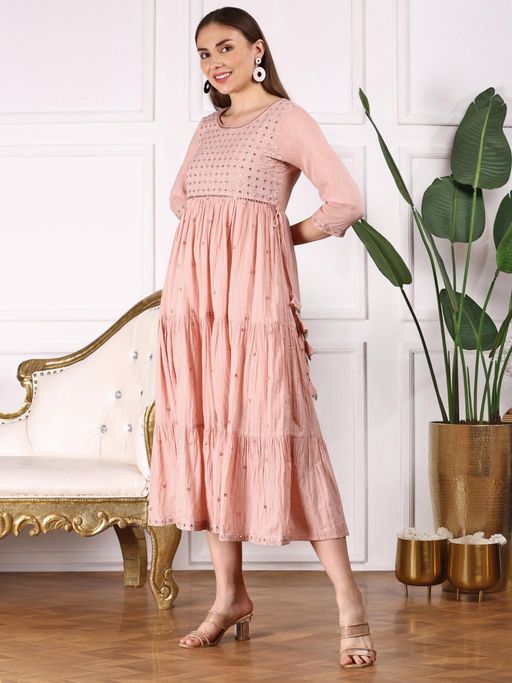 knee length dresses for ladies Shop Peach Crew Neck Bodycon T-Shirt Dress - for Women | OUTZIDR main image 1