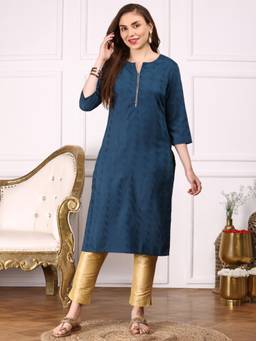 ISHIN - Women Cotton Straight Navy Round Neck Kurta