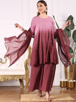 ISHIN - Women Ethnic A-Line Cotton Maroon Kurta and Sharara With Dupatta (Set of 3)