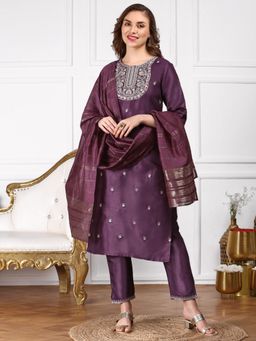 ISHIN - Women Ethnic Straight Polyester Purple Kurta and Pant With Dupatta (Set of 3)