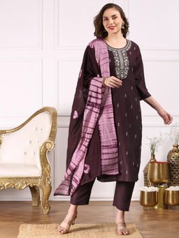 ISHIN - Women Ethnic Straight Chinon Plum Kurta and Pant With Dupatta (Set of 3)
