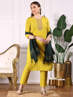 ISHIN - Women Ethnic Straight Art Silk Yellow Kurta and Pant With Dupatta (Set of 3)