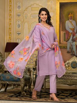ISHIN - Zari Thread Work Lavender Cotton Schiffli Kurta Pants and Lace Dupatta (Set of 3)